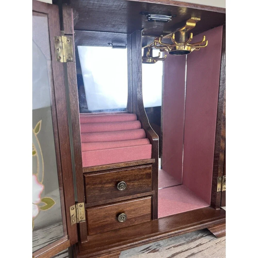 Vintage Wooden Jewelry Armoire Box Cabinet w/ Glass Floral Doors & Drawers